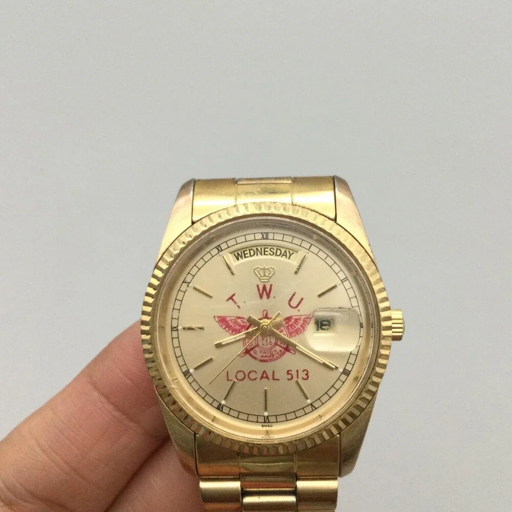Jules Jurgensen TWU Local 513 Mens Watch 34mm Gold Tone Day Date New Battery
